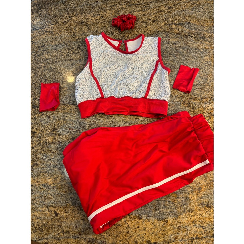 Weissman Red Silver Sequin Dance Costume Crop Top‎ Joggers Cuffs MC 10-12 Girls